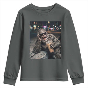 Bigfoot Drinking Iced Coffee Youth Sweatshirt Funny Sasquatch Streetwear TS14 Dark Heather Print Your Wear