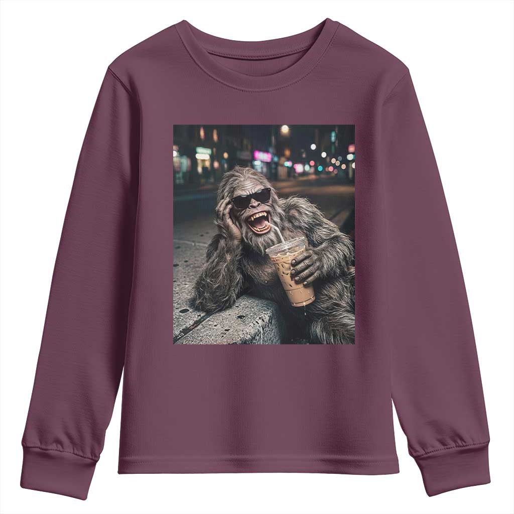 Bigfoot Drinking Iced Coffee Youth Sweatshirt Funny Sasquatch Streetwear TS14 Maroon Print Your Wear