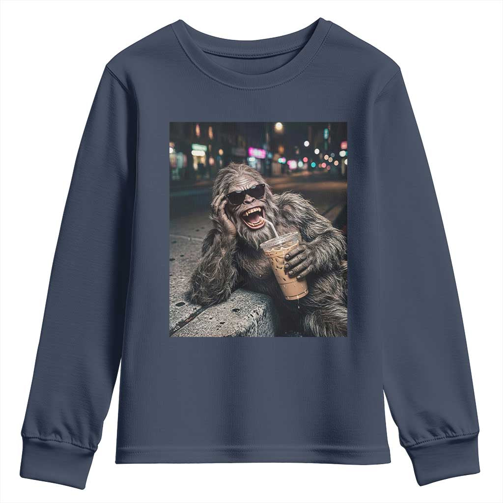 Bigfoot Drinking Iced Coffee Youth Sweatshirt Funny Sasquatch Streetwear TS14 Navy Print Your Wear