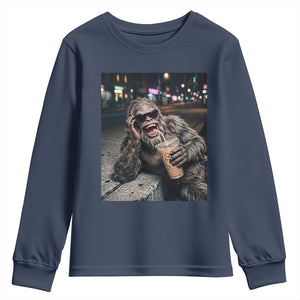 Bigfoot Drinking Iced Coffee Youth Sweatshirt Funny Sasquatch Streetwear TS14 Navy Print Your Wear