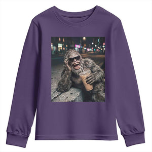 Bigfoot Drinking Iced Coffee Youth Sweatshirt Funny Sasquatch Streetwear TS14 Purple Print Your Wear