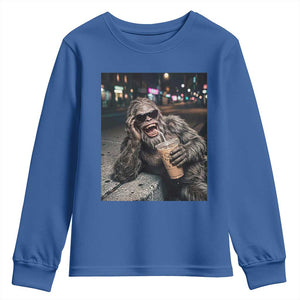 Bigfoot Drinking Iced Coffee Youth Sweatshirt Funny Sasquatch Streetwear TS14 Royal Blue Print Your Wear