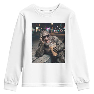 Bigfoot Drinking Iced Coffee Youth Sweatshirt Funny Sasquatch Streetwear TS14 White Print Your Wear