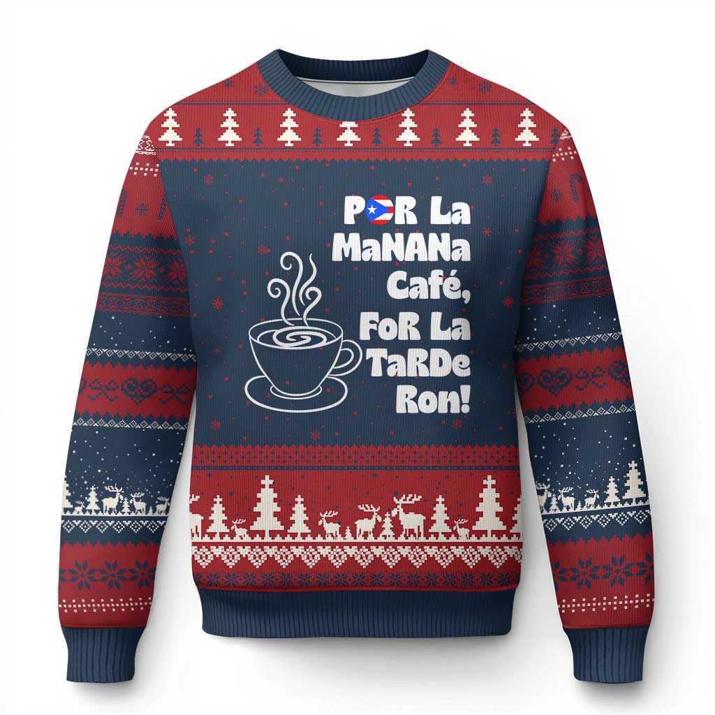 Por La Mañana Cafe Ugly Christmas Sweater Puerto Rican Music Lover Coffee Fan TS14 Navy Red Print Your Wear
