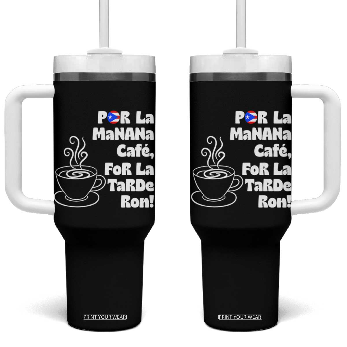 Por La Mañana Cafe Tumbler With Handle Puerto Rican Music Lover Coffee Fan TS14 One Size: 40 oz Black Print Your Wear