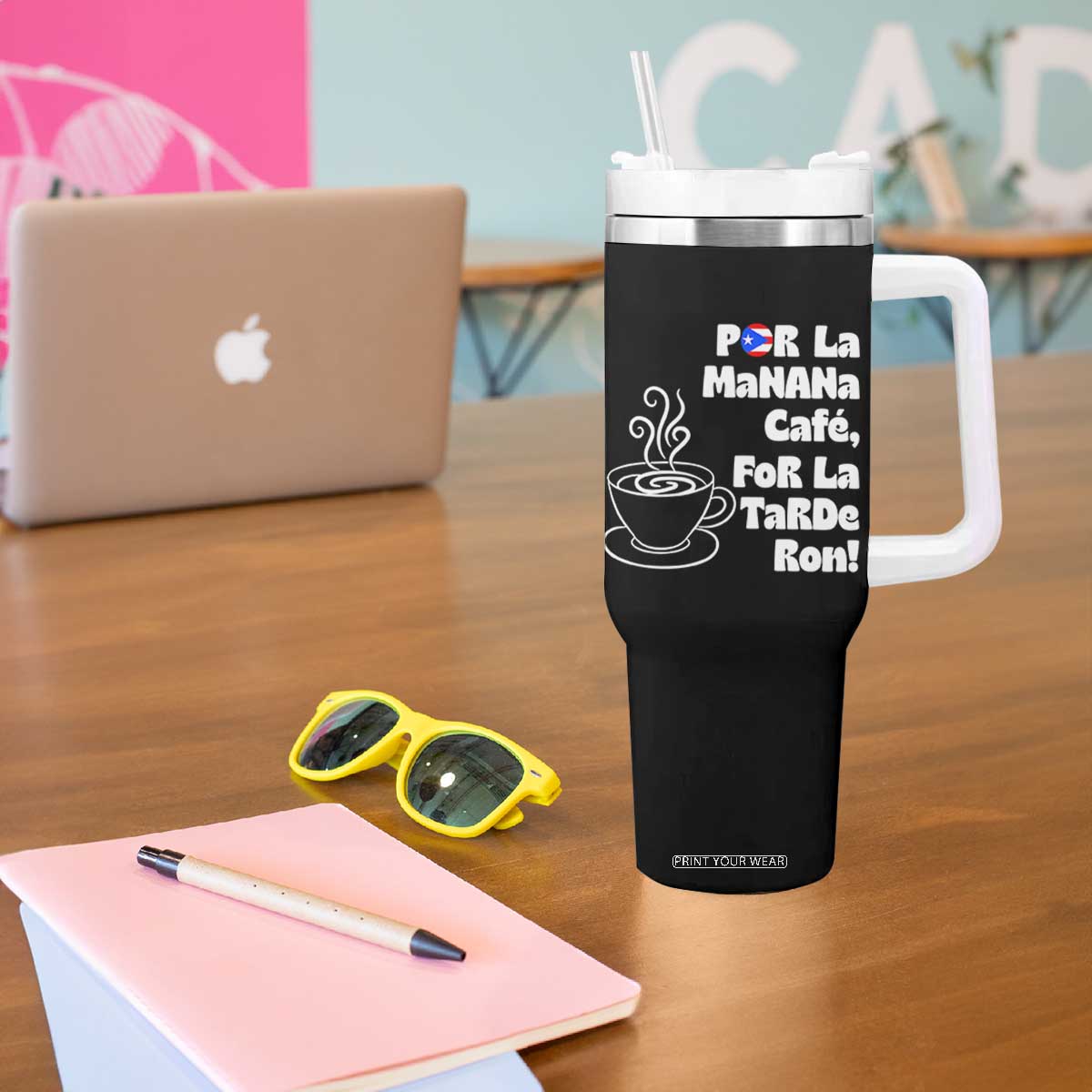Por La Mañana Cafe Tumbler With Handle Puerto Rican Music Lover Coffee Fan TS14 Print Your Wear