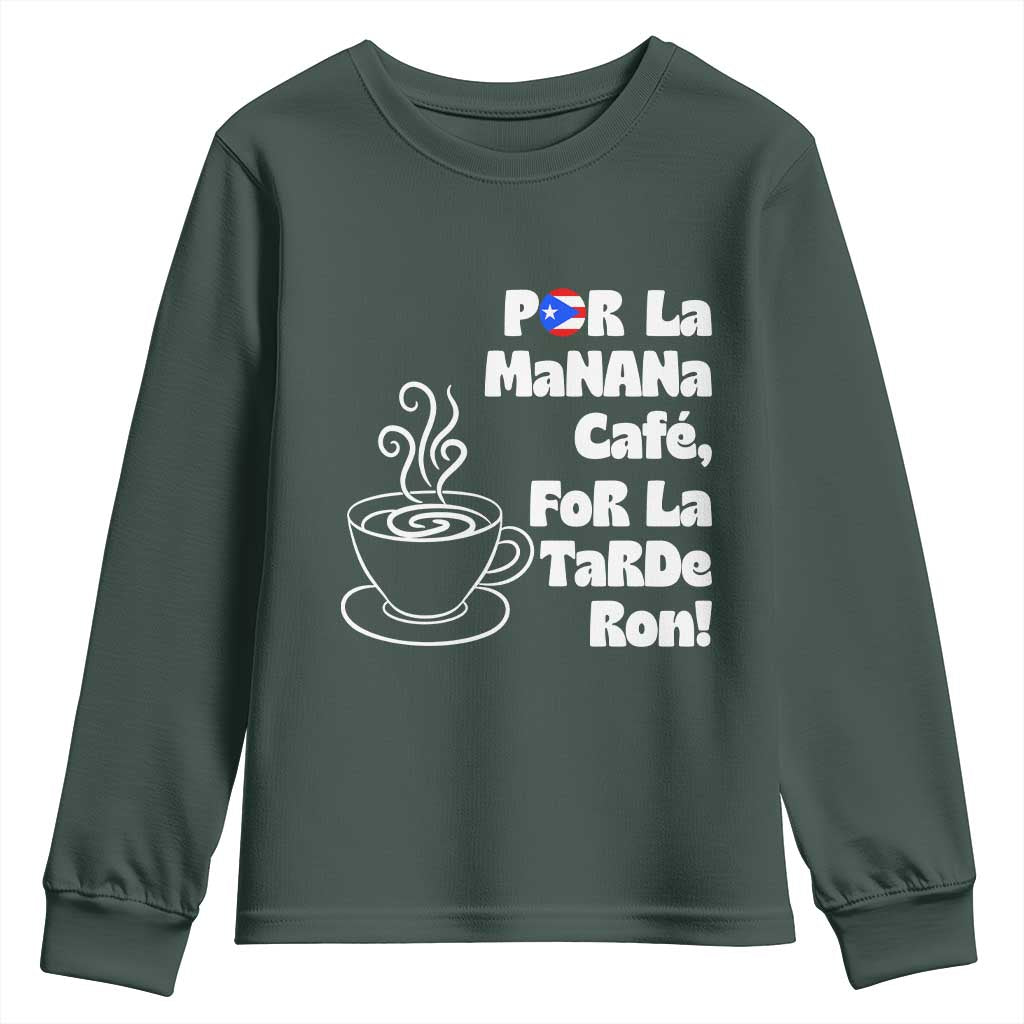 Por La Mañana Cafe Youth Sweatshirt Puerto Rican Music Lover Coffee Fan TS14 Dark Forest Green Print Your Wear