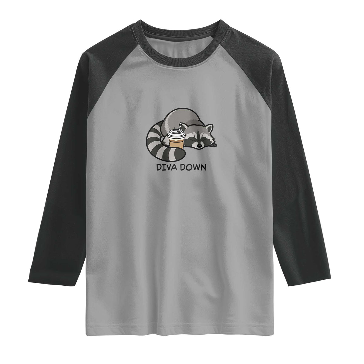 Diva Down Raglan Shirt Funny Raccoon Relaxed TS14 Sport Gray Black Print Your Wear