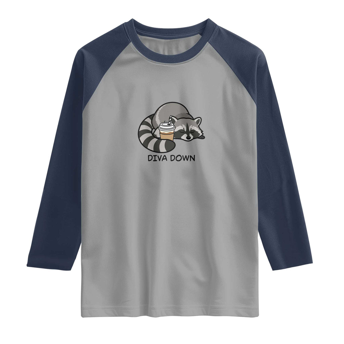 Diva Down Raglan Shirt Funny Raccoon Relaxed TS14 Sport Gray Navy Print Your Wear