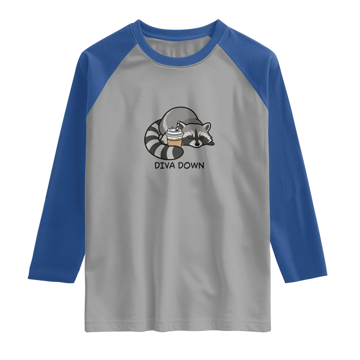 Diva Down Raglan Shirt Funny Raccoon Relaxed TS14 Sport Gray Royal Print Your Wear