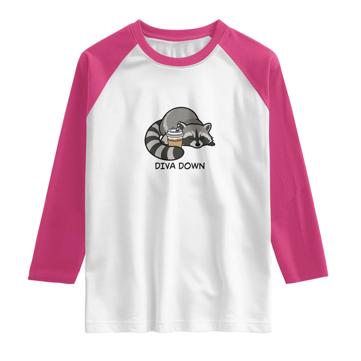 Diva Down Raglan Shirt Funny Raccoon Relaxed TS14 White Heliconia Print Your Wear