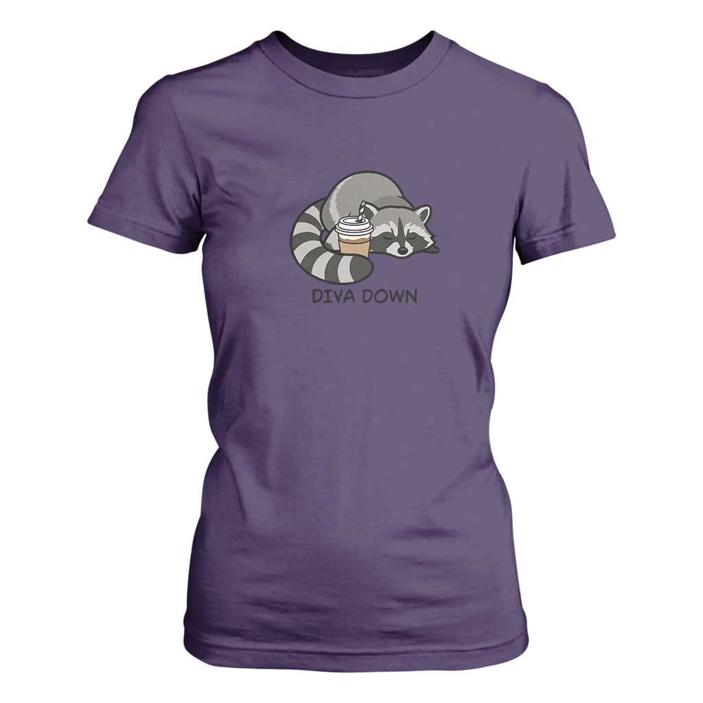 Diva Down T Shirt For Women Funny Raccoon Relaxed TS14 Purple Print Your Wear