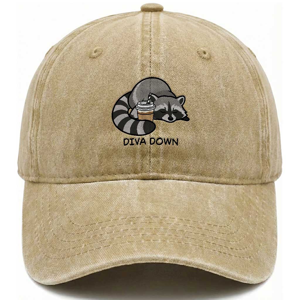 Diva Down Washed Cotton Baseball Cap Funny Raccoon Relaxed TS14 Print Your Wear