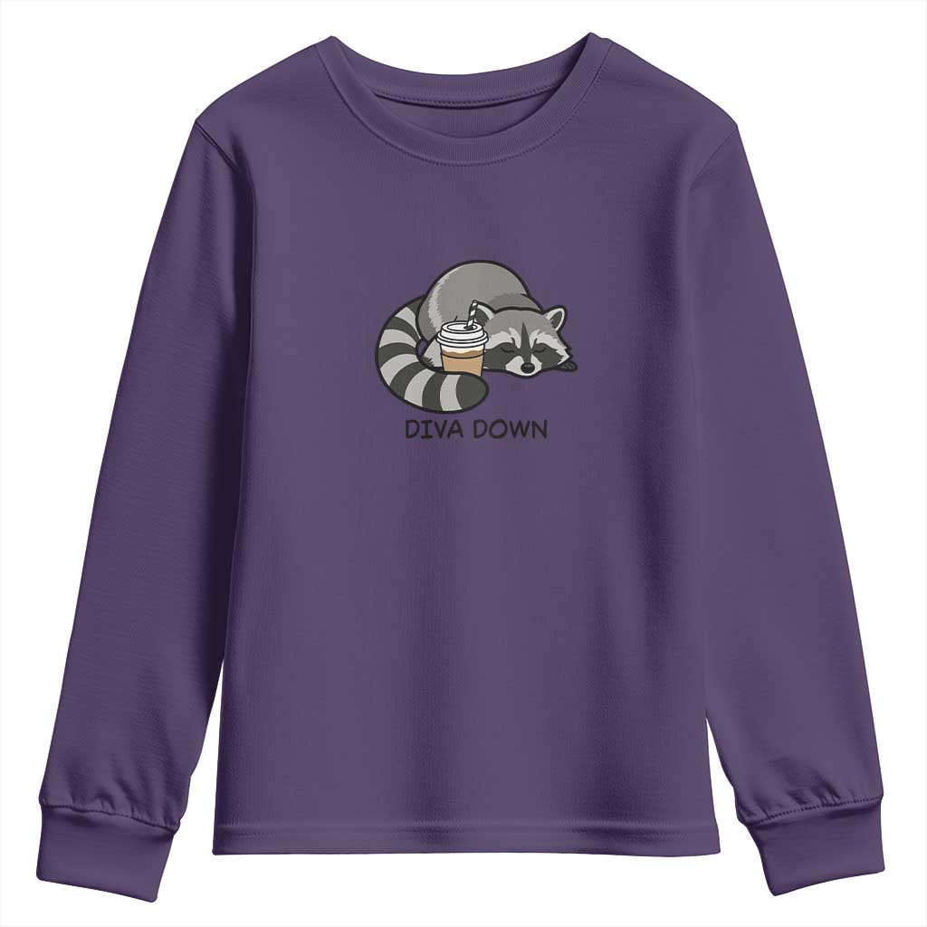 Diva Down Youth Sweatshirt Funny Raccoon Relaxed TS14 Purple Print Your Wear
