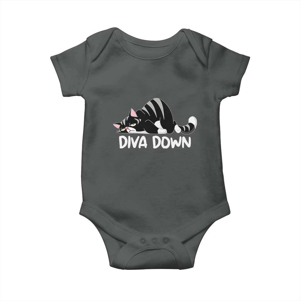 Diva Down Baby Onesie Funny Sarcastic Cat Meme TS14 Dark Heather Print Your Wear