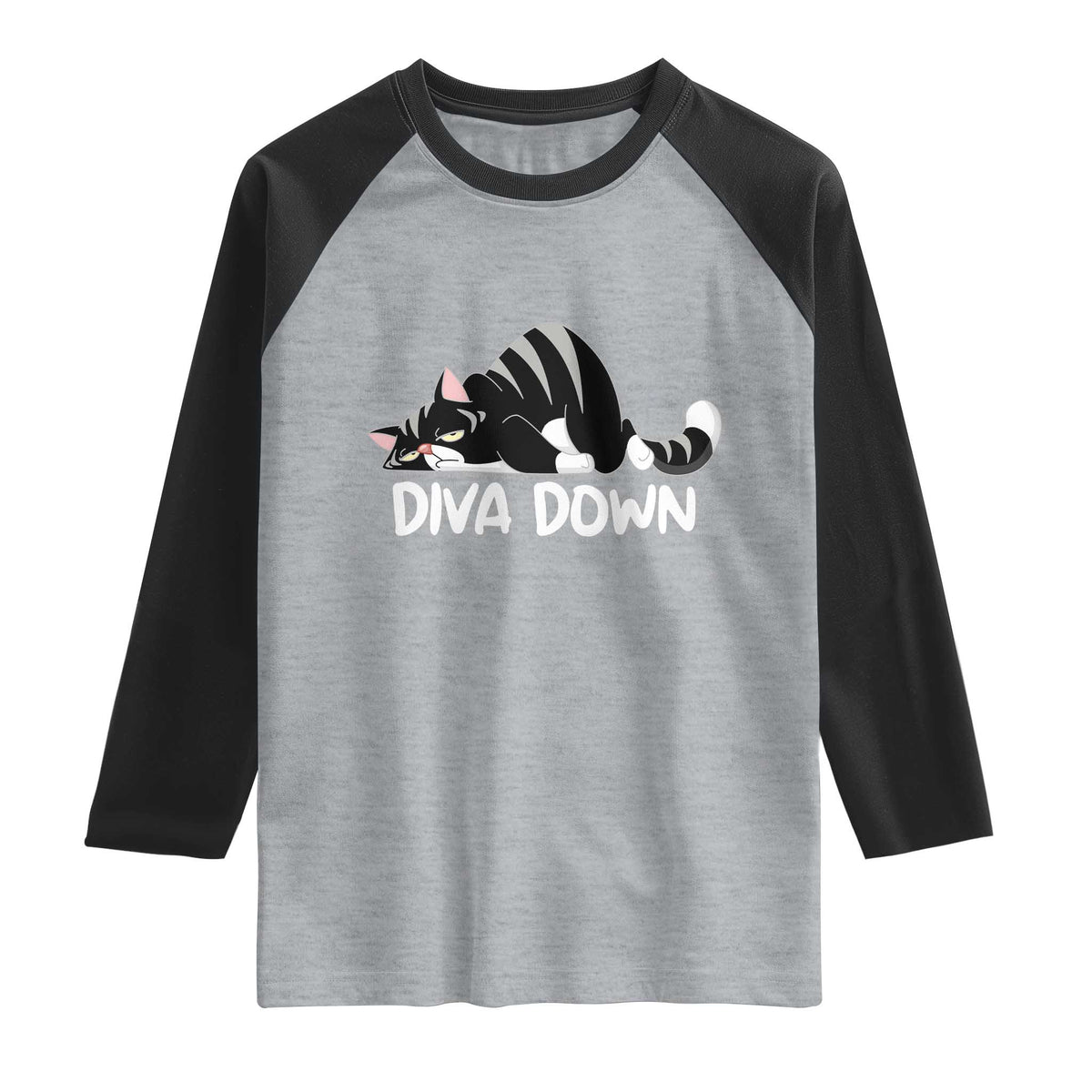 Diva Down Raglan Shirt Funny Sarcastic Cat Meme TS14 Heather Gray Black Print Your Wear