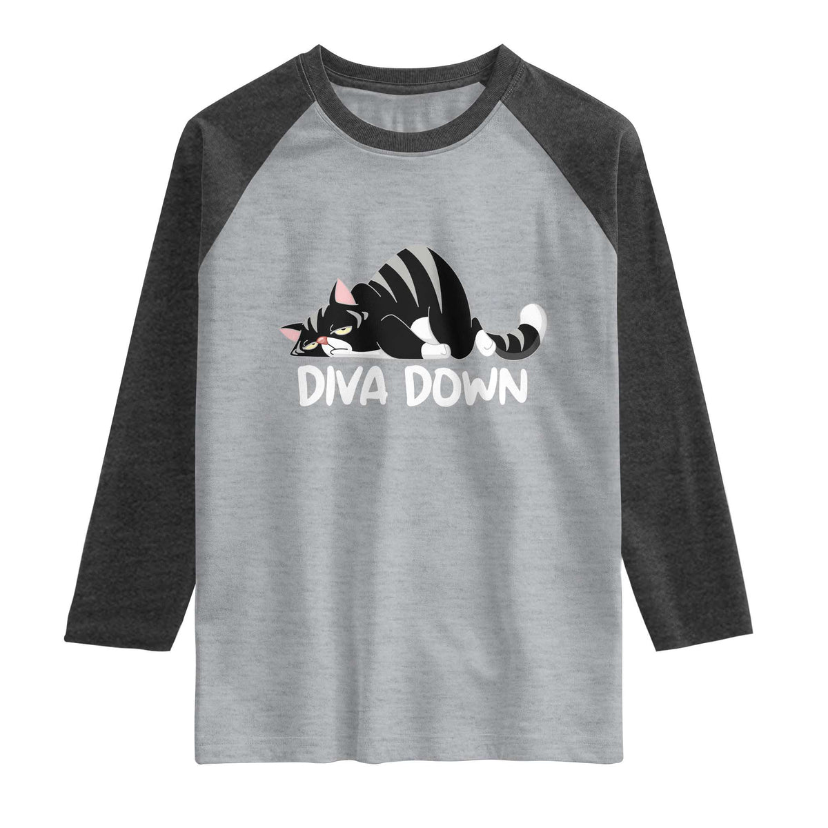 Diva Down Raglan Shirt Funny Sarcastic Cat Meme TS14 Heather Gray Heather Charcoal Print Your Wear