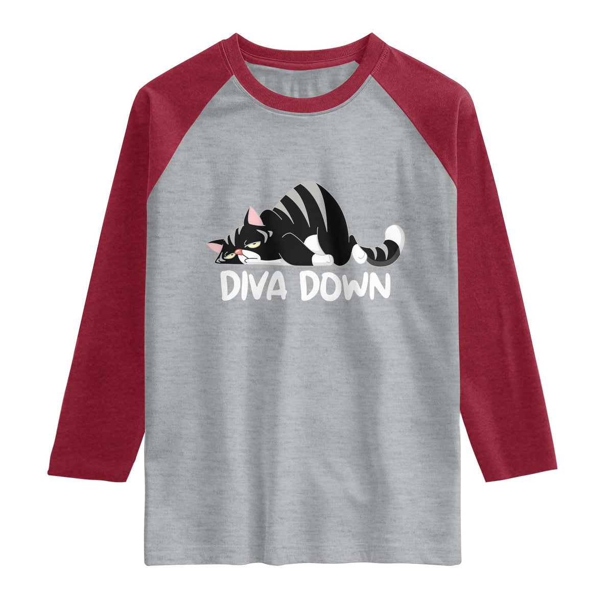 Diva Down Raglan Shirt Funny Sarcastic Cat Meme TS14 Heather Gray Heather Red Print Your Wear