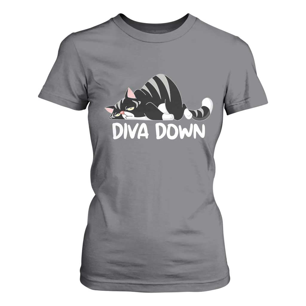 Diva Down T Shirt For Women Funny Sarcastic Cat Meme TS14 Charcoal Print Your Wear