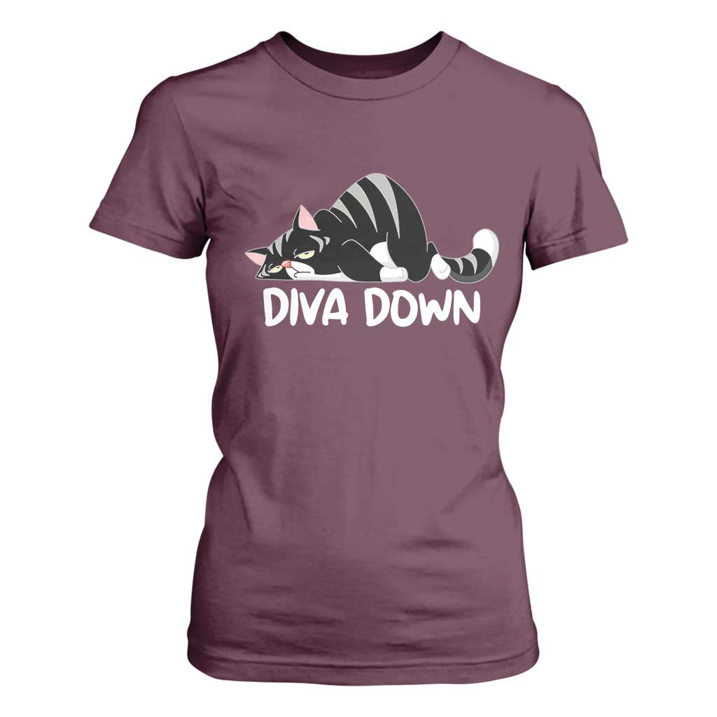 Diva Down T Shirt For Women Funny Sarcastic Cat Meme TS14 Maroon Print Your Wear
