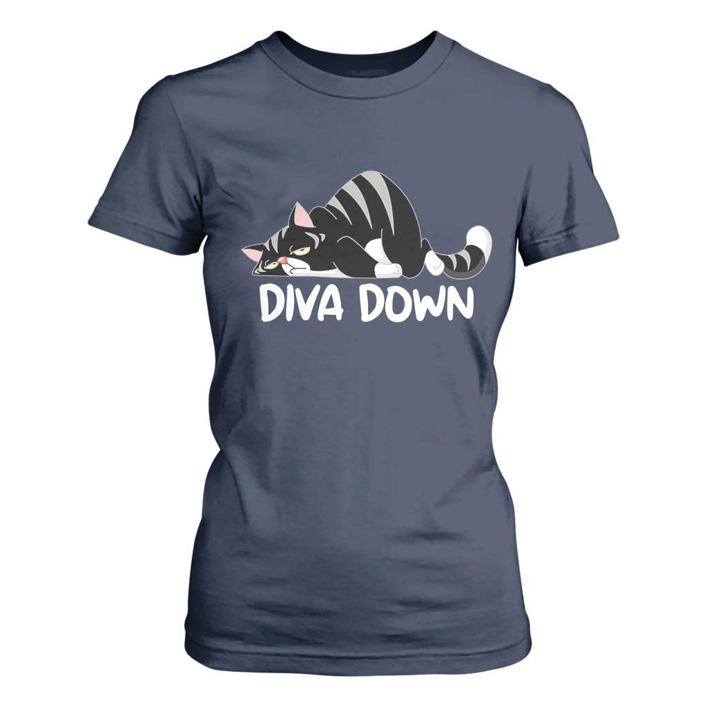 Diva Down T Shirt For Women Funny Sarcastic Cat Meme TS14 Navy Print Your Wear