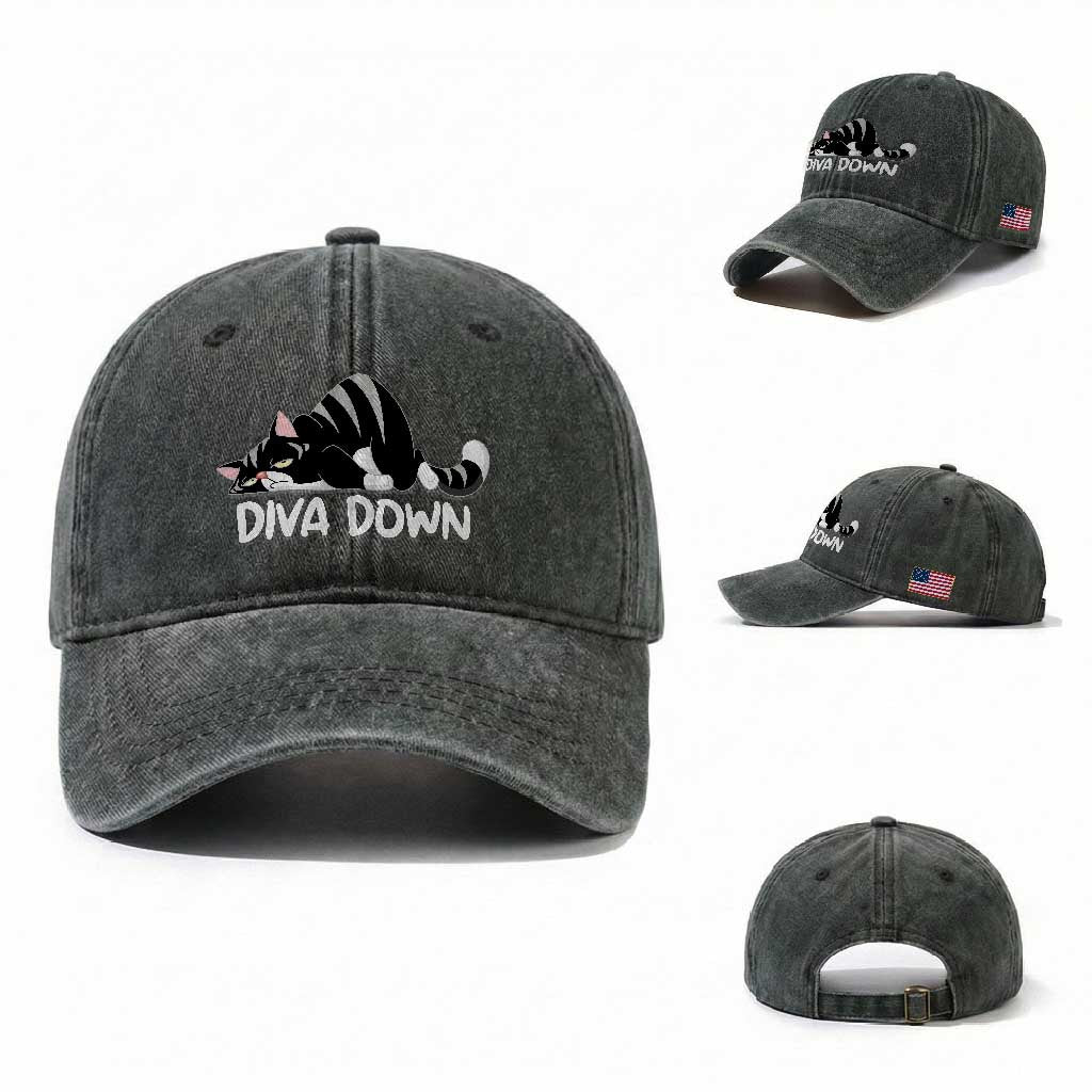 Diva Down Washed Cotton Baseball Cap Funny Sarcastic Cat Meme TS14 Washed Cap Universal Fit Dark Green Print Your Wear