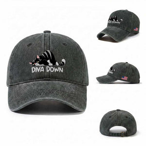 Diva Down Washed Cotton Baseball Cap Funny Sarcastic Cat Meme TS14 Washed Cap Universal Fit Dark Green Print Your Wear