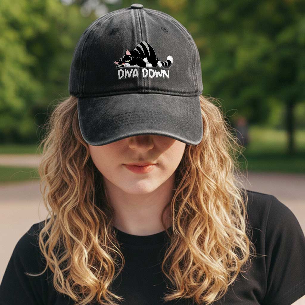 Diva Down Washed Cotton Baseball Cap Funny Sarcastic Cat Meme TS14 Print Your Wear