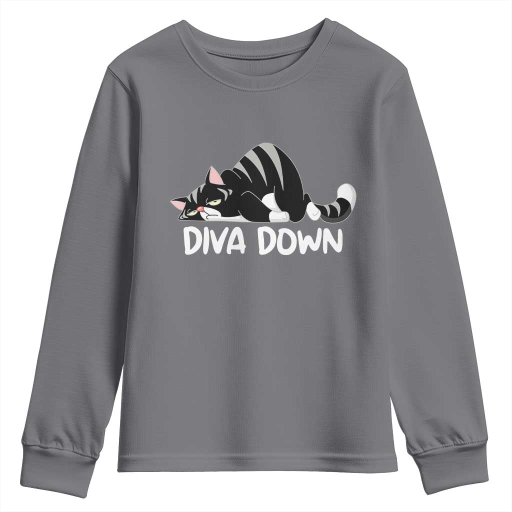 Diva Down Youth Sweatshirt Funny Sarcastic Cat Meme TS14 Charcoal Print Your Wear