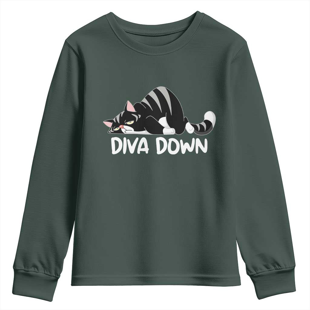 Diva Down Youth Sweatshirt Funny Sarcastic Cat Meme TS14 Dark Forest Green Print Your Wear