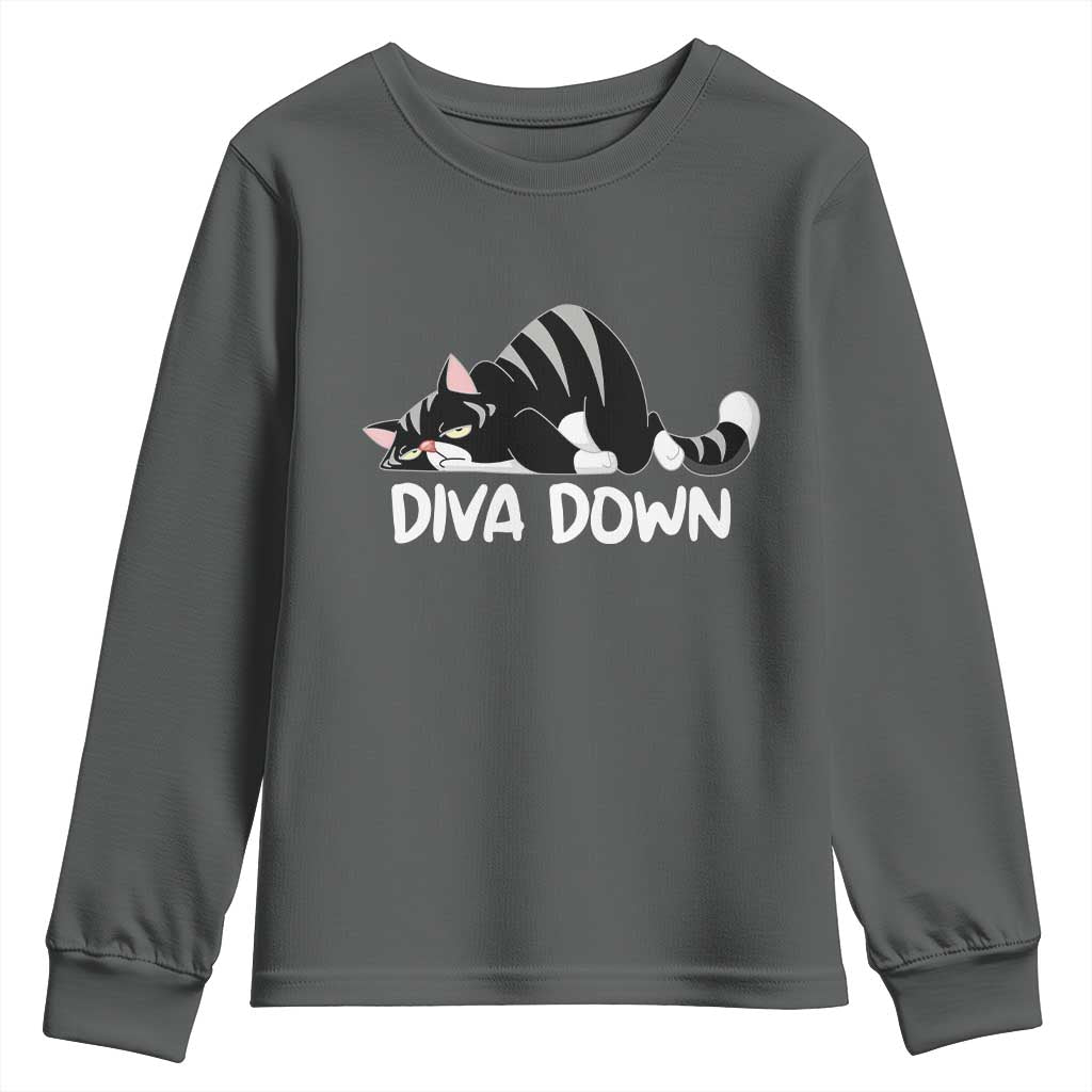 Diva Down Youth Sweatshirt Funny Sarcastic Cat Meme TS14 Dark Heather Print Your Wear