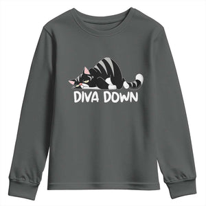 Diva Down Youth Sweatshirt Funny Sarcastic Cat Meme TS14 Dark Heather Print Your Wear