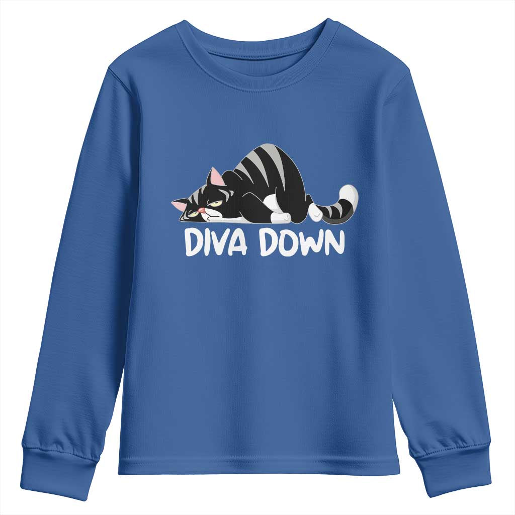 Diva Down Youth Sweatshirt Funny Sarcastic Cat Meme TS14 Royal Blue Print Your Wear