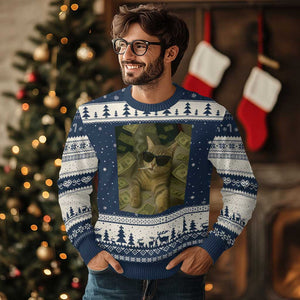 Funny Smoking Cat Selfie Meme Ugly Christmas Sweater Gen Z Joke TS14 Navy Beige Print Your Wear