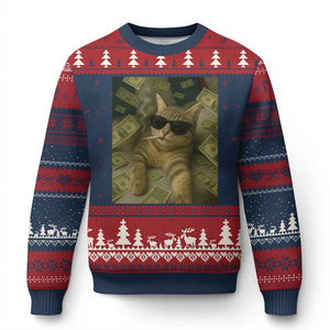 Funny Smoking Cat Selfie Meme Ugly Christmas Sweater Gen Z Joke TS14 Navy Red Print Your Wear