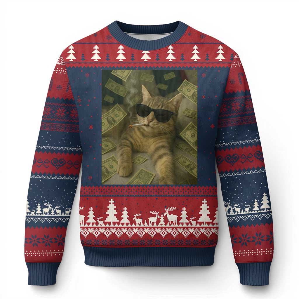 Funny Smoking Cat Selfie Meme Ugly Christmas Sweater Gen Z Joke TS14 Navy Red Print Your Wear