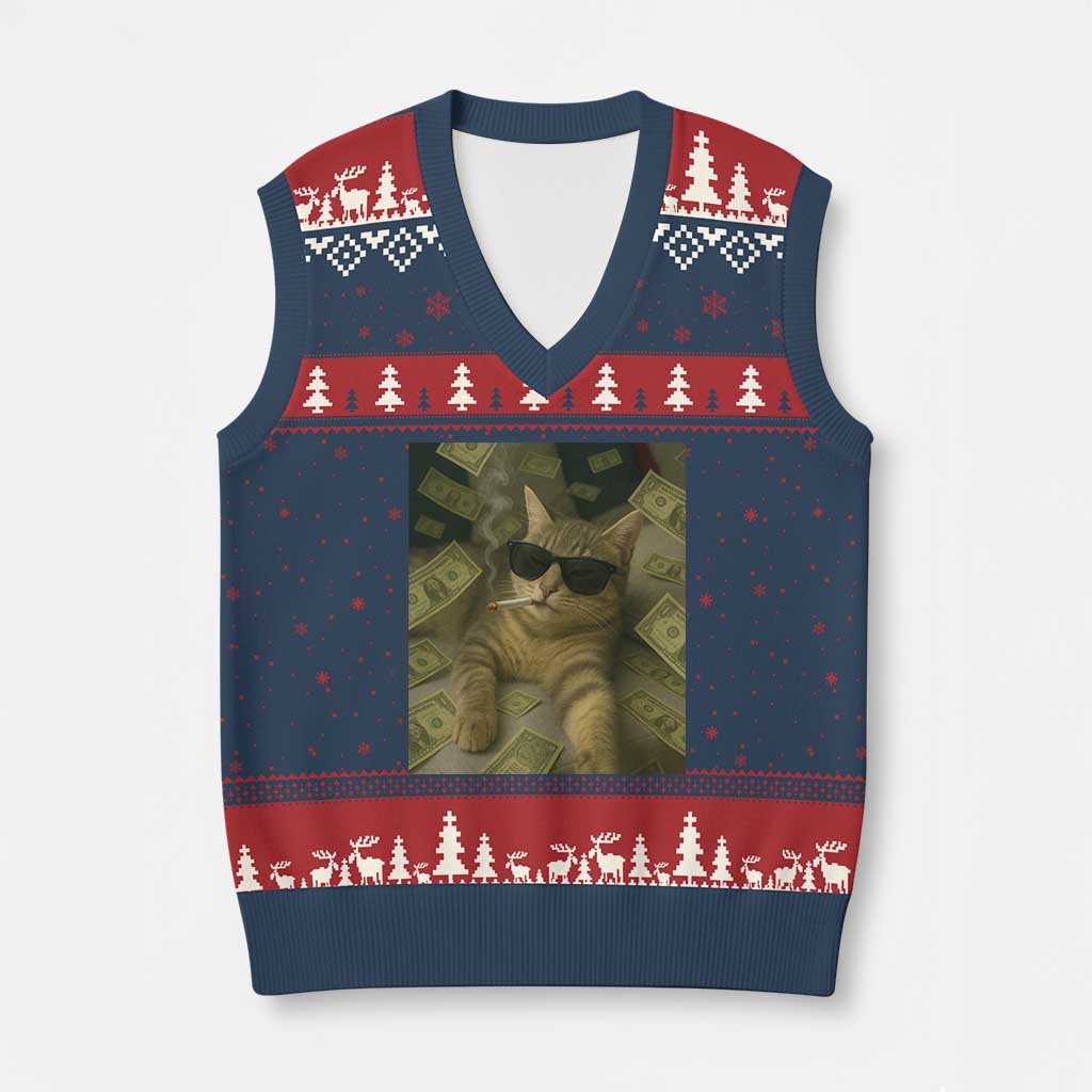 Funny Smoking Cat Selfie Meme V-Neck Knit Sweater Vest Gen Z Joke TS14 Navy Red Print Your Wear