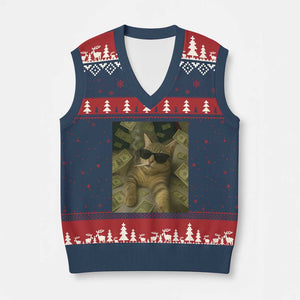 Funny Smoking Cat Selfie Meme V-Neck Knit Sweater Vest Gen Z Joke TS14 Navy Red Print Your Wear