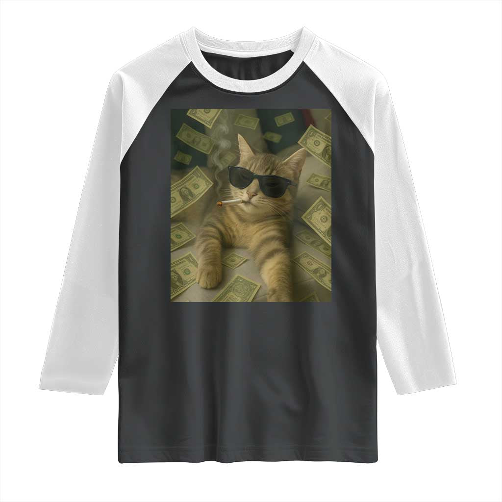 Funny Smoking Cat Selfie Meme Raglan Shirt Gen Z Joke TS14 Black White Print Your Wear