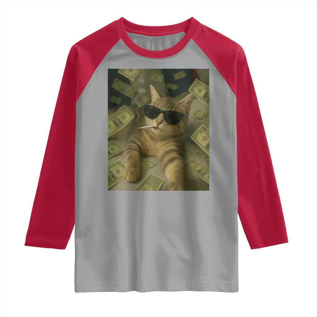 Funny Smoking Cat Selfie Meme Raglan Shirt Gen Z Joke TS14 Sport Gray Red Print Your Wear