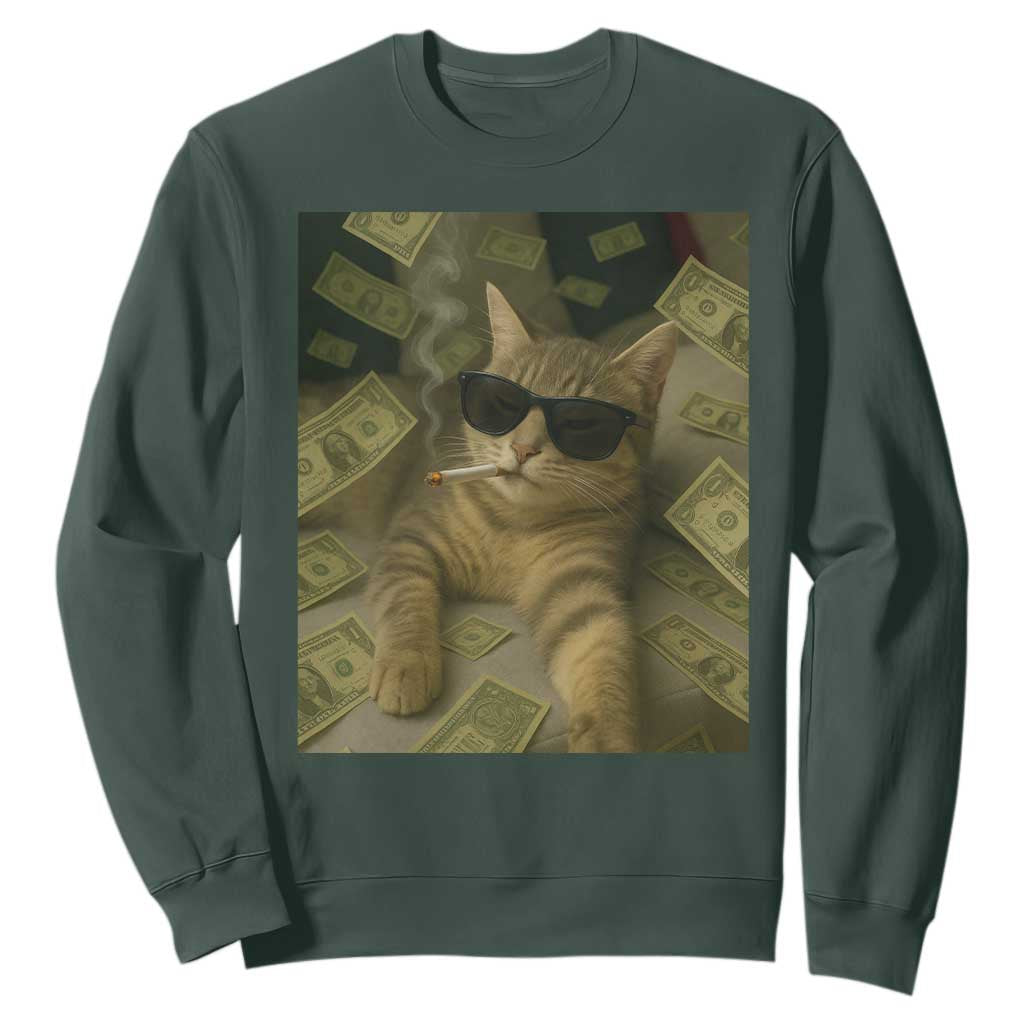Funny Smoking Cat Selfie Meme Sweatshirt Gen Z Joke TS14 Dark Forest Green Print Your Wear