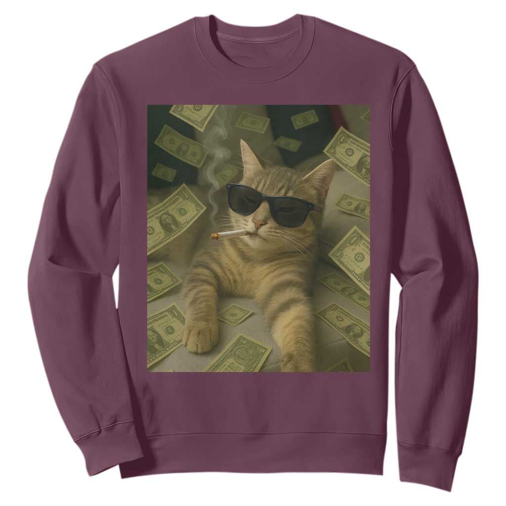 Funny Smoking Cat Selfie Meme Sweatshirt Gen Z Joke TS14 Maroon Print Your Wear