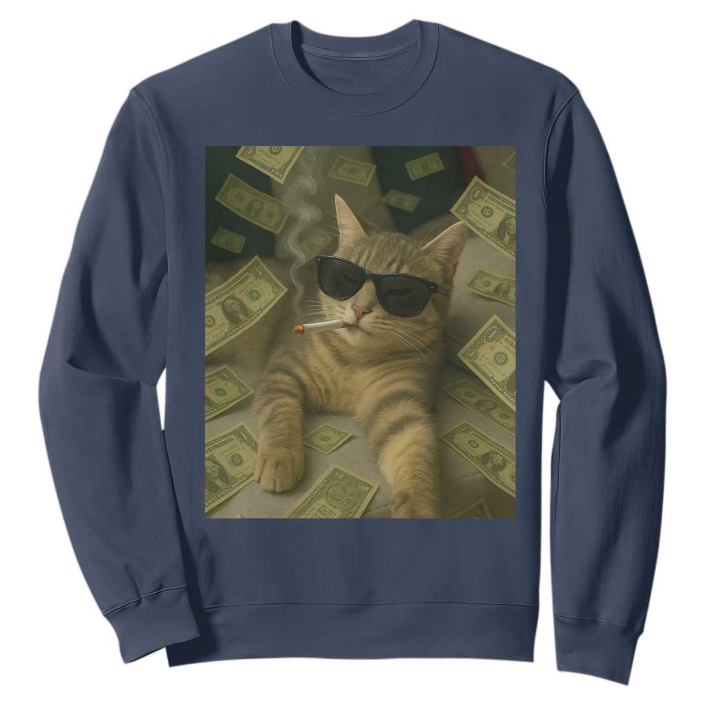 Funny Smoking Cat Selfie Meme Sweatshirt Gen Z Joke TS14 Navy Print Your Wear
