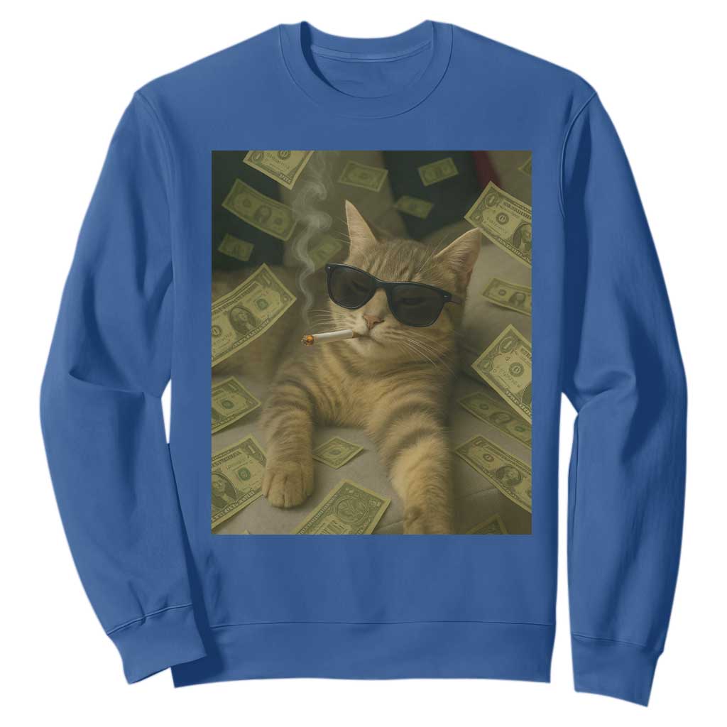 Funny Smoking Cat Selfie Meme Sweatshirt Gen Z Joke TS14 Royal Blue Print Your Wear