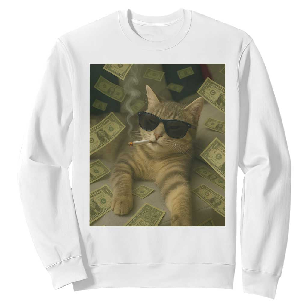 Funny Smoking Cat Selfie Meme Sweatshirt Gen Z Joke TS14 White Print Your Wear