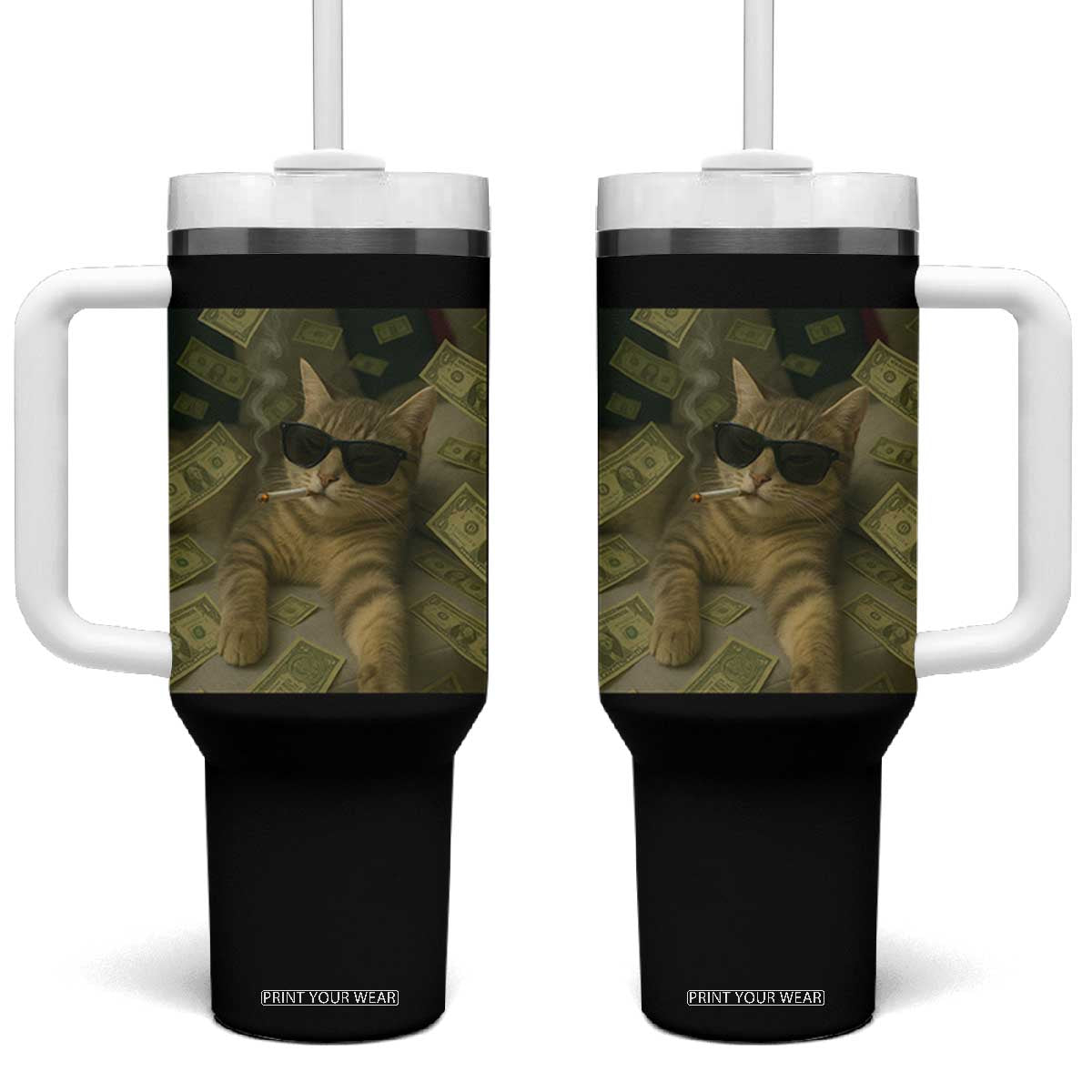 Funny Smoking Cat Selfie Meme Tumbler With Handle Gen Z Joke TS14 One Size: 40 oz Black Print Your Wear