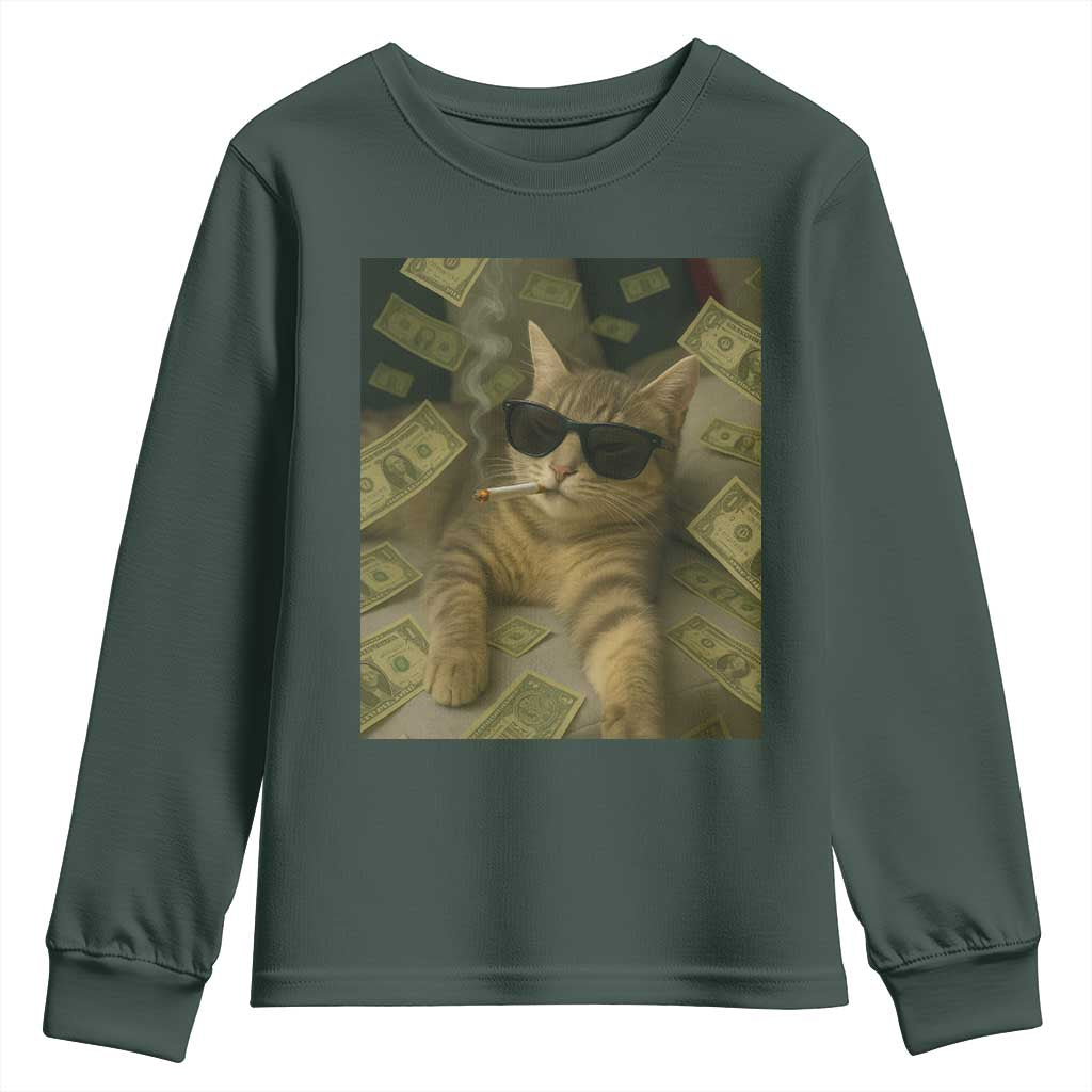 Funny Smoking Cat Selfie Meme Youth Sweatshirt Gen Z Joke TS14 Dark Forest Green Print Your Wear