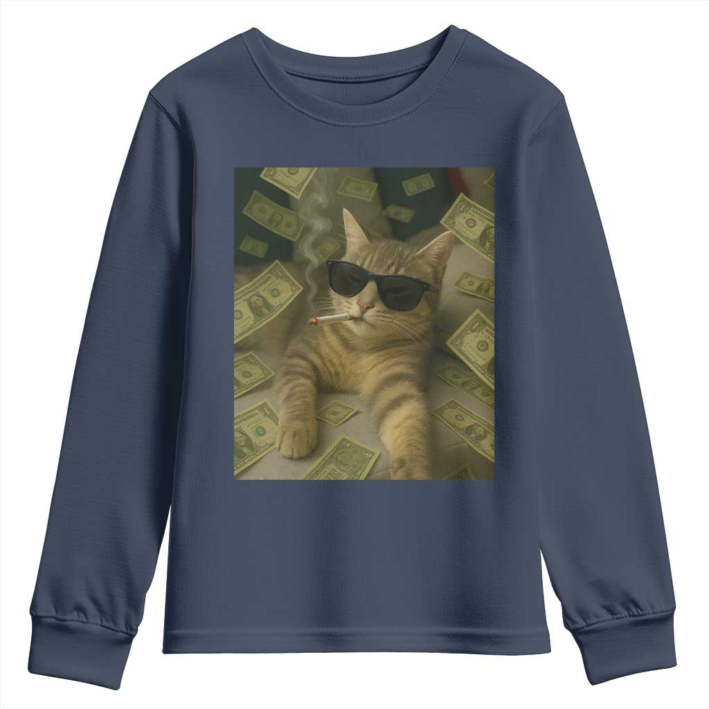 Funny Smoking Cat Selfie Meme Youth Sweatshirt Gen Z Joke TS14 Navy Print Your Wear