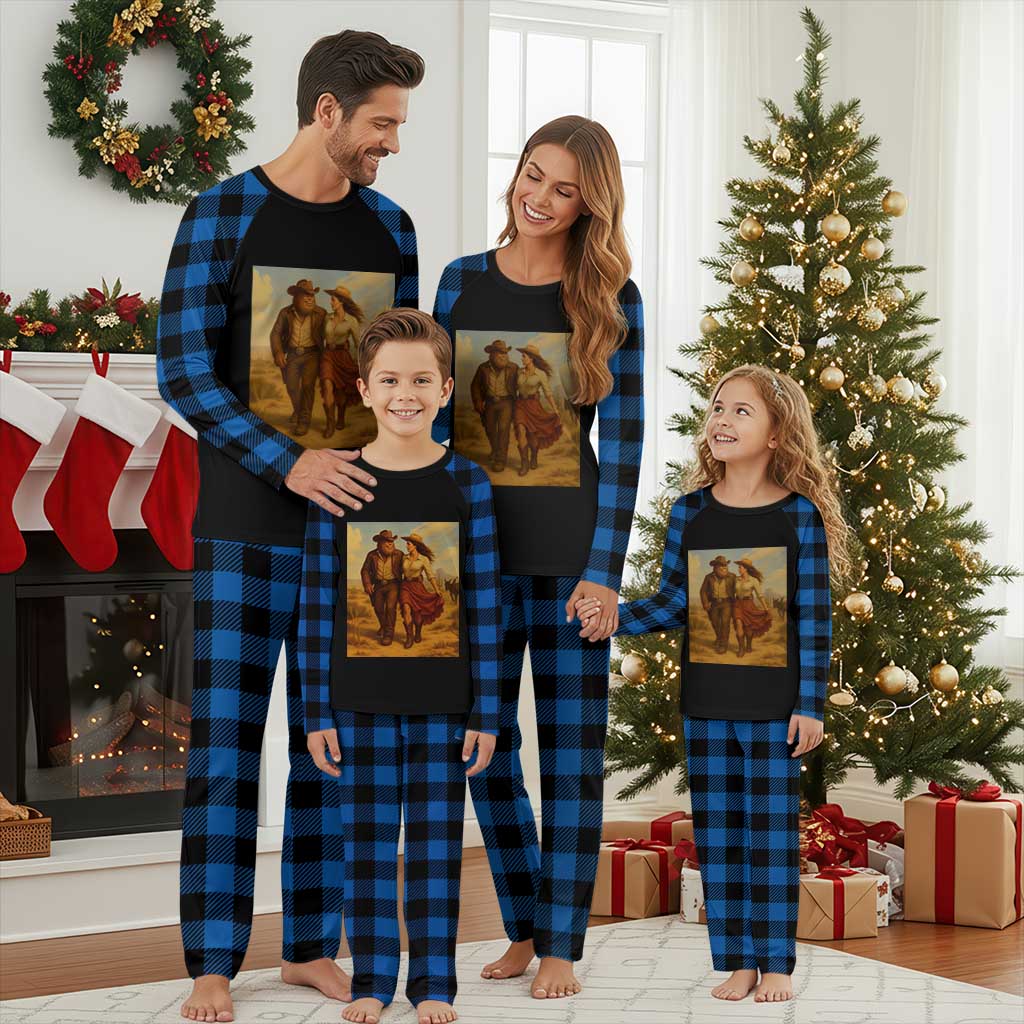 Cowboy Bigfoot Plaid Pajama Set Funny Sasquatch Dancing Cowgirl Western Country TS14 Blue Plaid Print Your Wear