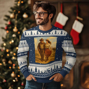 Cowboy Bigfoot Ugly Christmas Sweater Funny Sasquatch Dancing Cowgirl Western Country TS14 Navy Beige Print Your Wear